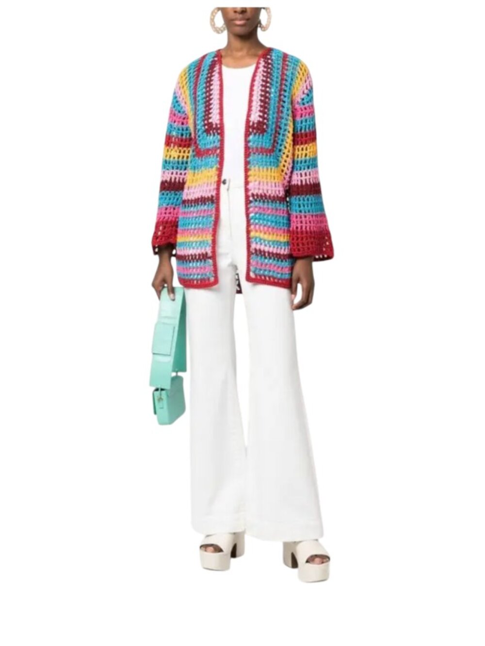 Farm Rio Rainbow Colorblock Crochet Cardigan Sweater Womens XL Red Pink Stripe